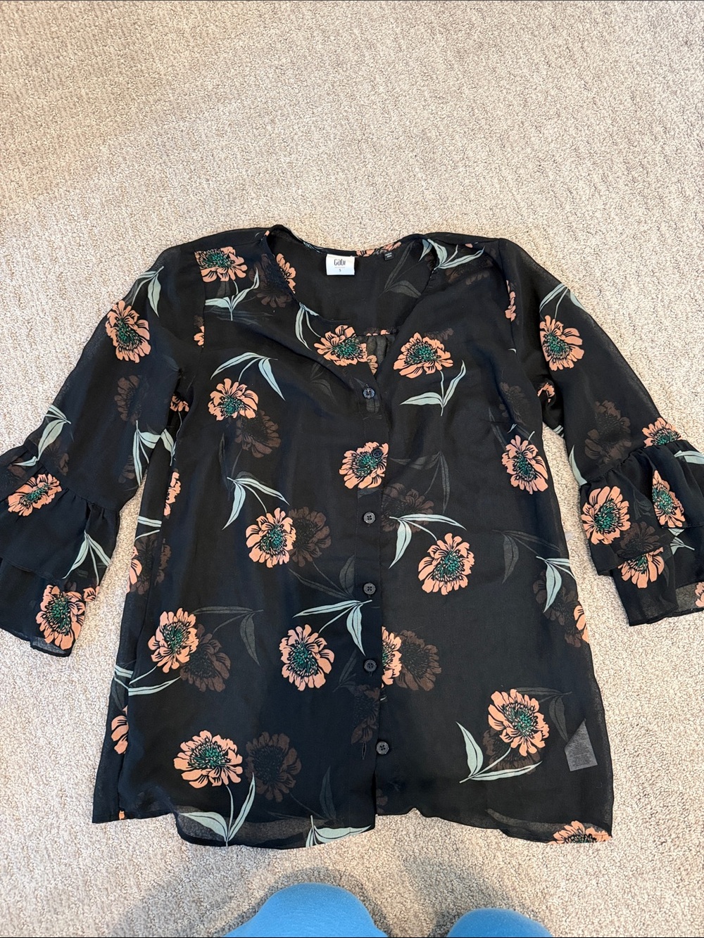 CAbi Black Floral Button-Front Blouse with Peach Blooms